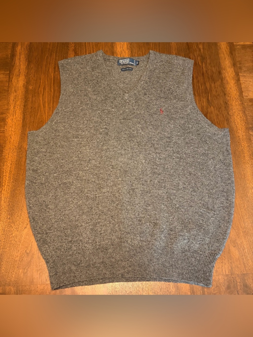 Polo by Ralph Lauren Mens XL Gray Lambswool Knit V-Neck Logo Sweater Vest
